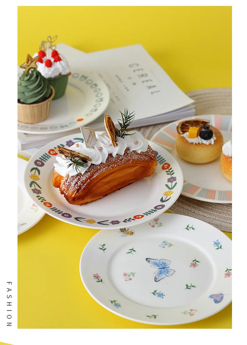 Garden Dragonfly Ceramic Dish Exquisite Round Ceramic Breakfast Dessert Plate Home Dish Plate High Temperature Resistant