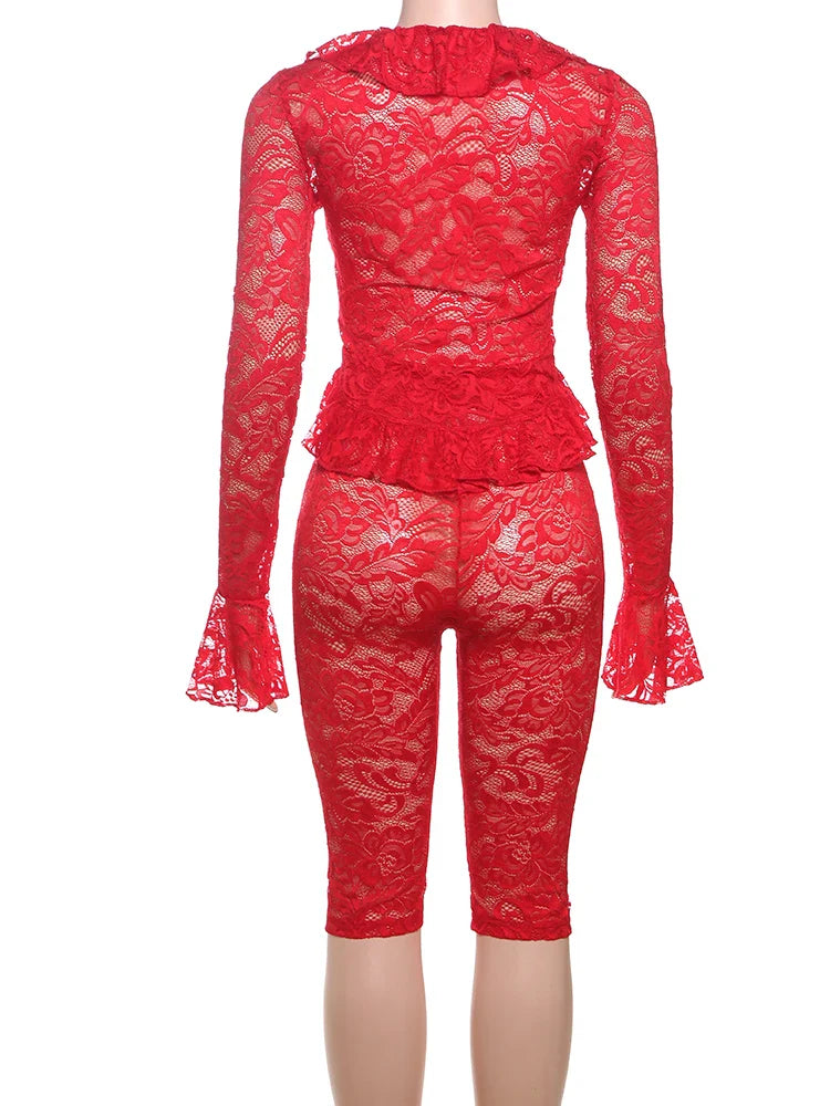 Jacquard Sexy Women 2 Piece Set Coquette Full Sleeve Ruffles Crop Tops+Bike Shorts Outfit