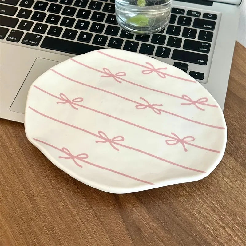 Cute Bowknot Kawaii Ceramic Plate For Cake Food Dinner Breakfast Ins Dessert Salad Decorative Dish 8 inch