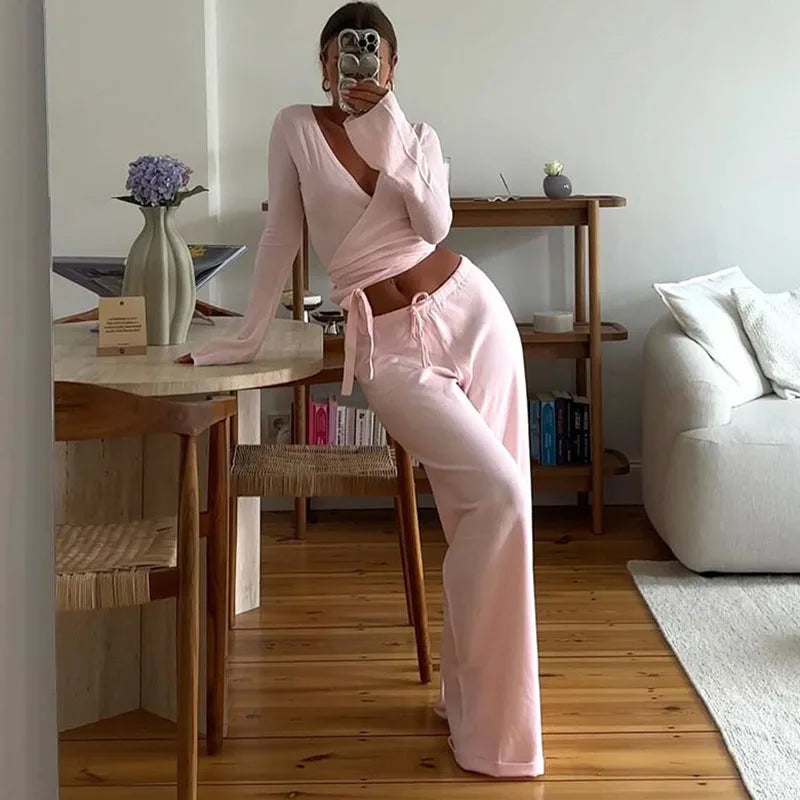 Fashion Drawstring High Waist Trousers Set Lace Up Flared Sleeve V Neck Twist Tops Plush Loose Pants Suit