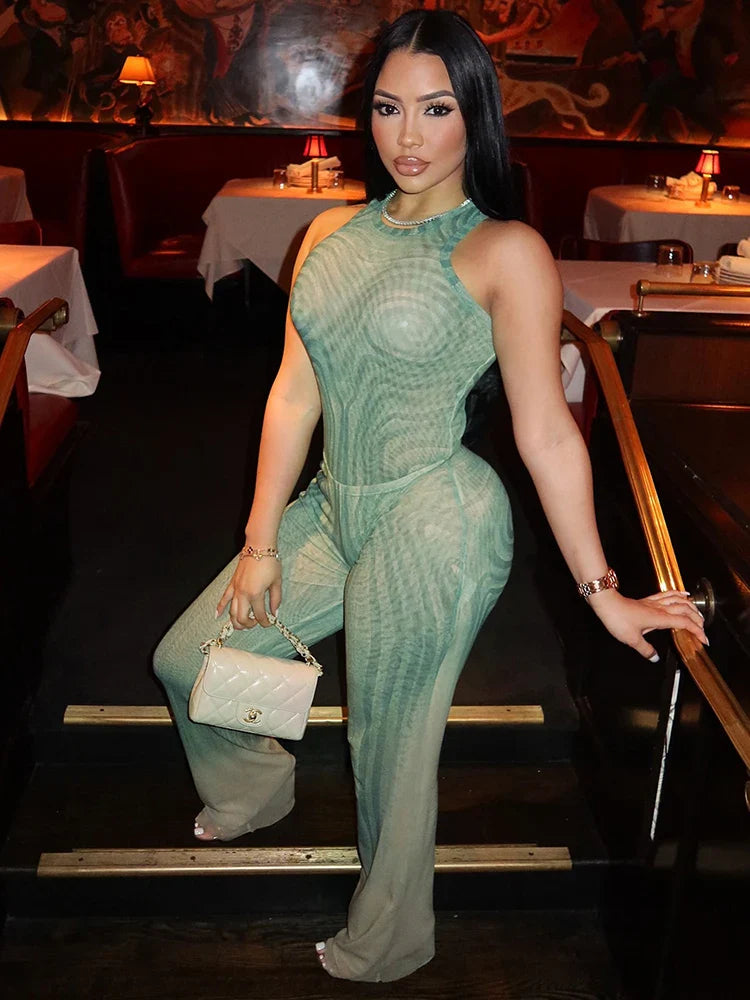 Geometric Print Patchwork 2 Piece Set Women o-Neck Skinny Bodysuit+Wide-leg Trousers Sexy Outfits