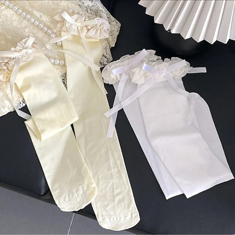 Women Lace Black White Ruffle Long Socks Women Girls Sweet Stockings Lolita Nylon Lace Leggings Over The Knee Bowknot Hosiery
