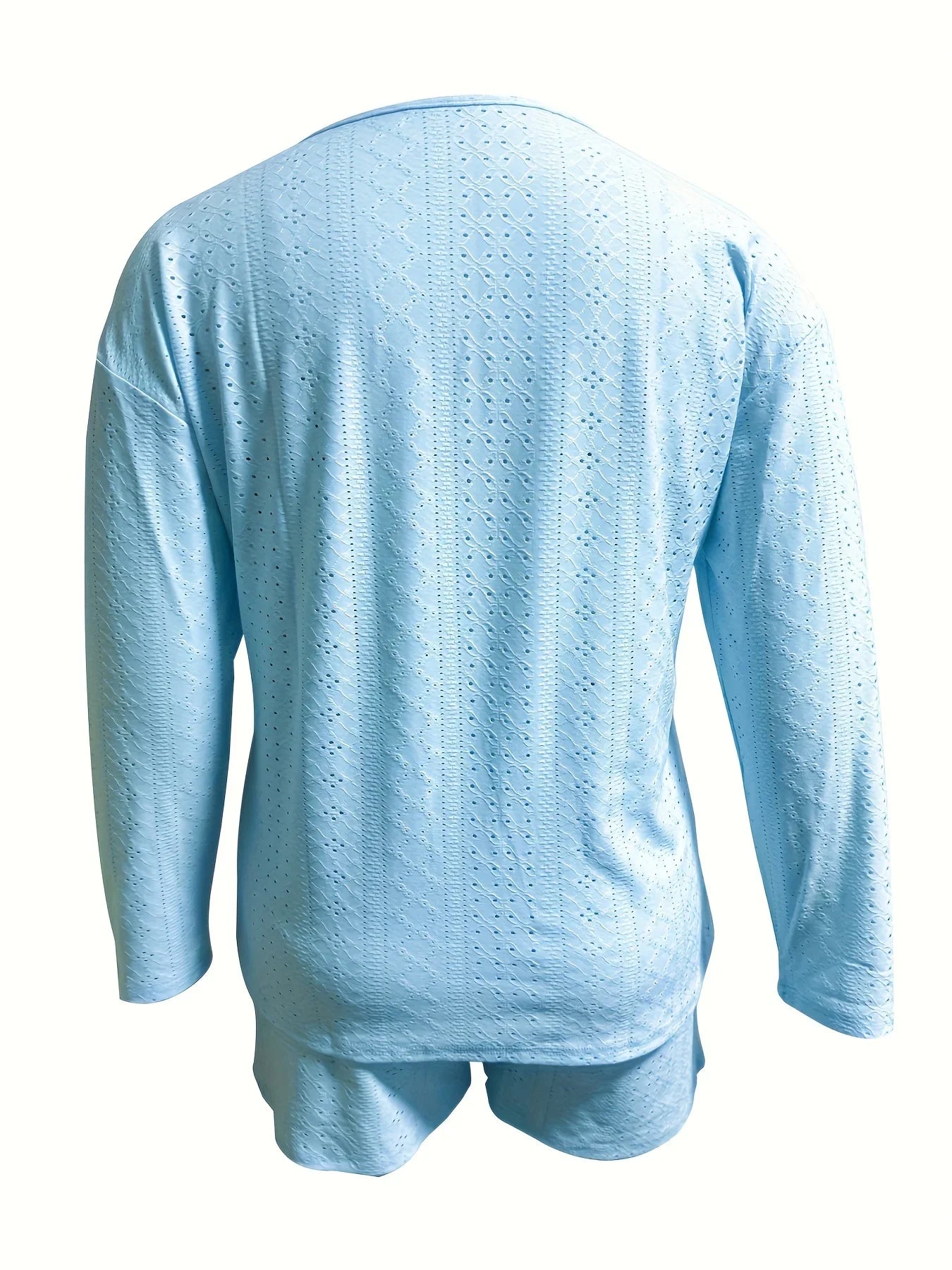 Plus Size Eyelet Casual Shorts Set, Crew Neck Long Sleeve Top & Shorts Outfits, Women's Plus Size Clothing