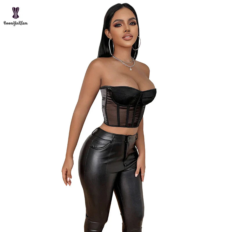 Summer Translucent Corset Women's Mesh Crop Top Black Padded Bra Bustier