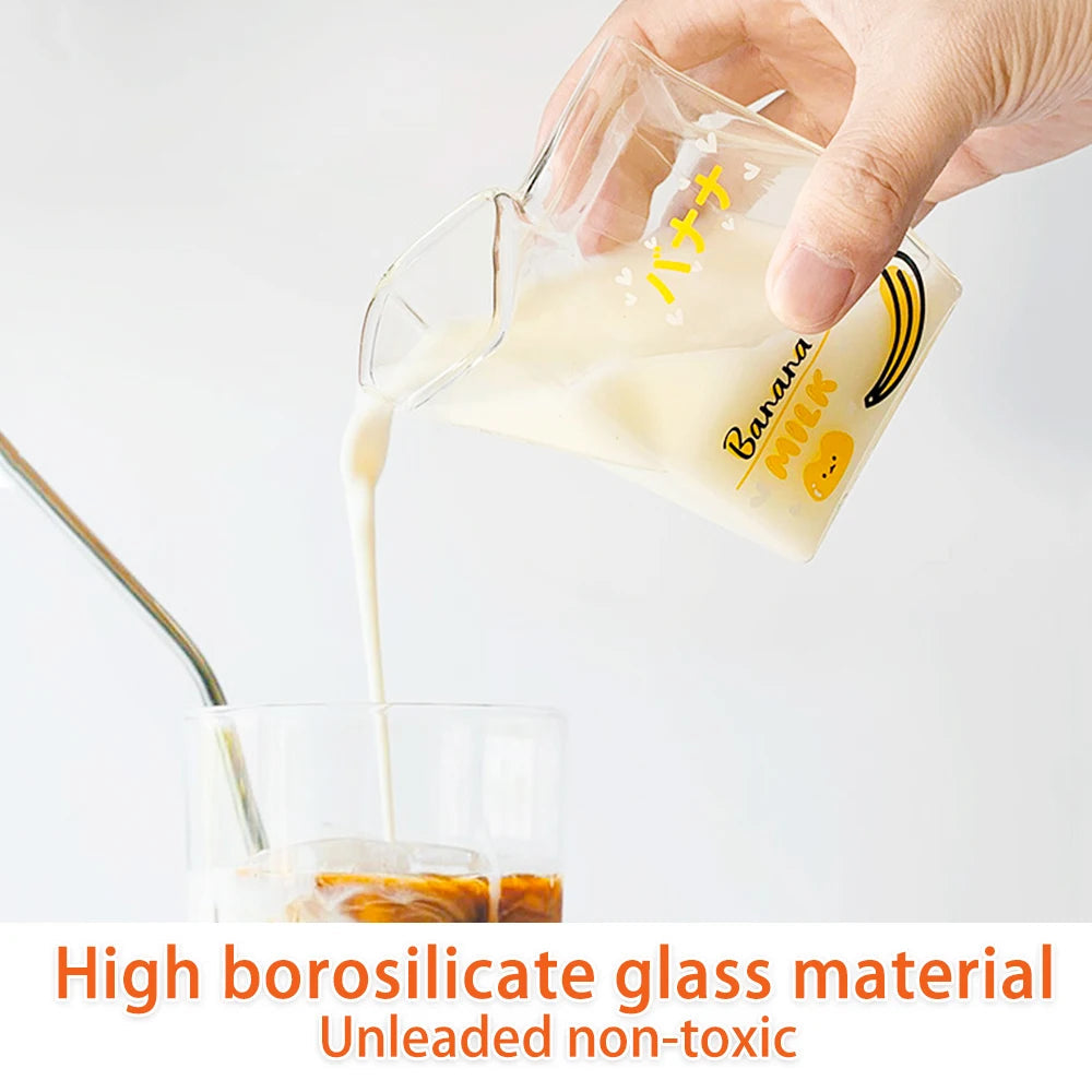 Kawaii Square Milk Carton Glass Cup Heat Resistant Cute Strawberry Peach Breakfast Cup Pudding Cup 380ml