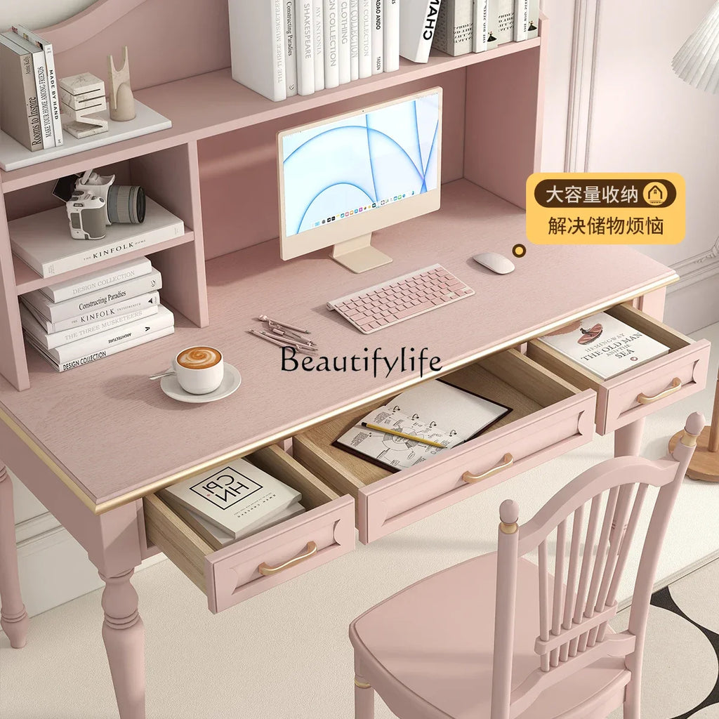 Minimalist Light Luxury Pink Writing Table with Bookshelf, Living Room Study Table and Chair Combination in Oak and Walnut.