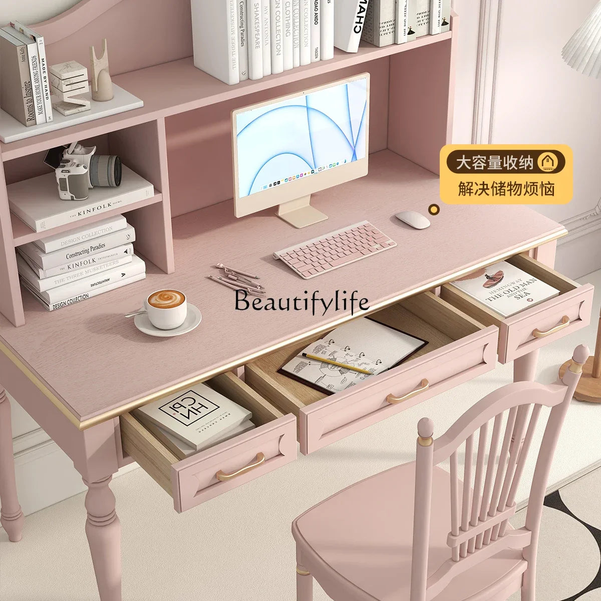 Minimalist Light Luxury Pink Writing Table with Bookshelf, Living Room Study Table and Chair Combination in Oak and Walnut.
