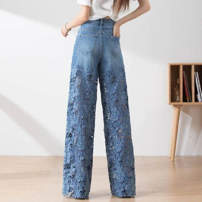 Vintage Hollow Out Lace Flowers Lady Jeans Loose Straight Denim Pants High Street Elegant Summer New Trousers Chic Fashion Pant