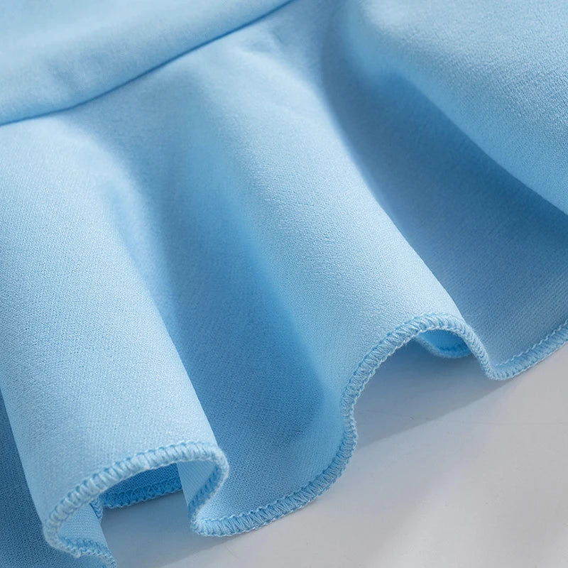 Women Soft Tender Slight Blue Strapless Wrap Hipster Mini Pleated Dress Pullover Sexy