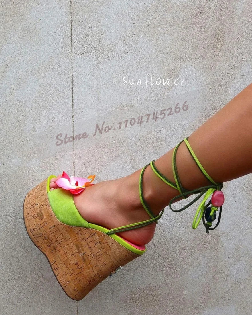 Ladies Cork Platform Pink Flower Sandals Wooden Wedged Heel Pink Blossom Dress Shoes Lace-Up Slingback Pumps