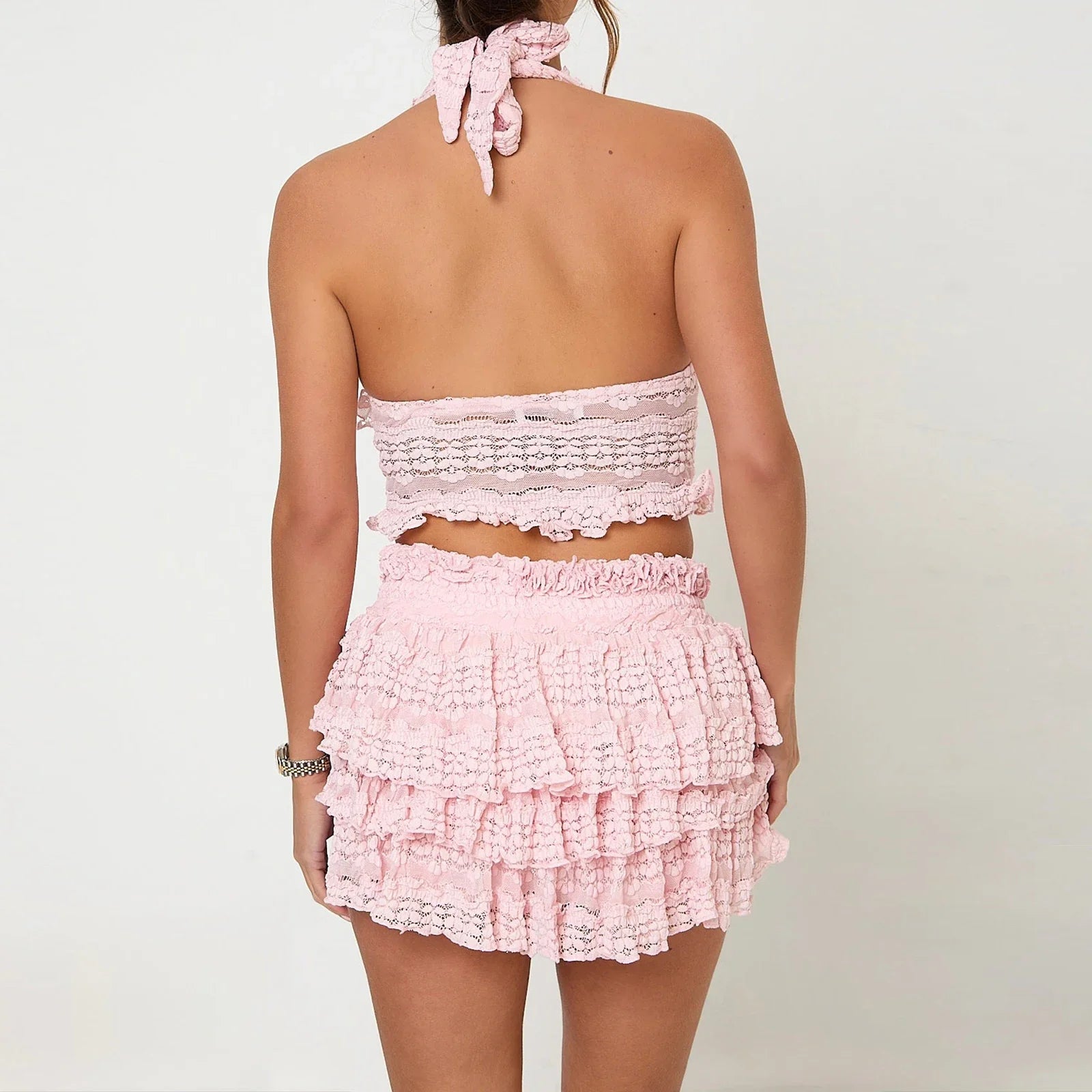 Women Y2K Lace 2 Piece Clothes Outfits Tie-up Halter Neck Sleeveless Open Back Cami Tops Elastic Waist Mini Layered Skirts