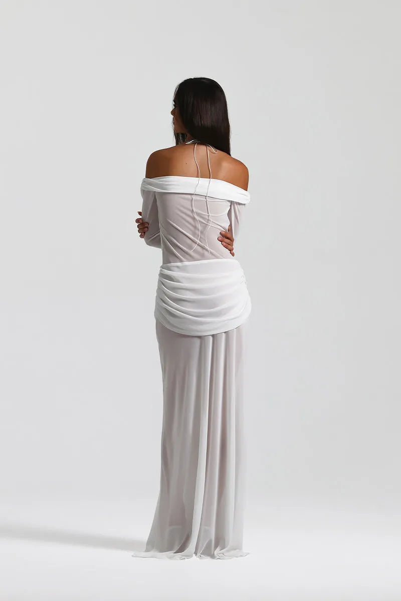 Hollow Out Ruched Sexy Maxi Dress Women Gown Halter Long Sleeve Strapless Backless Draped Slim Elegant Long Dress
