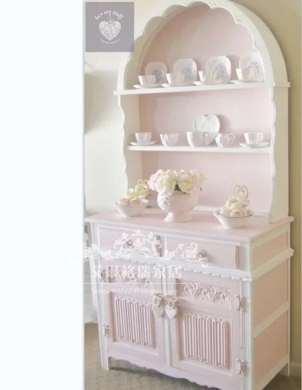 French Solid Wood Carving Flower Bookcase Dining Side Pink Princess Cabinet