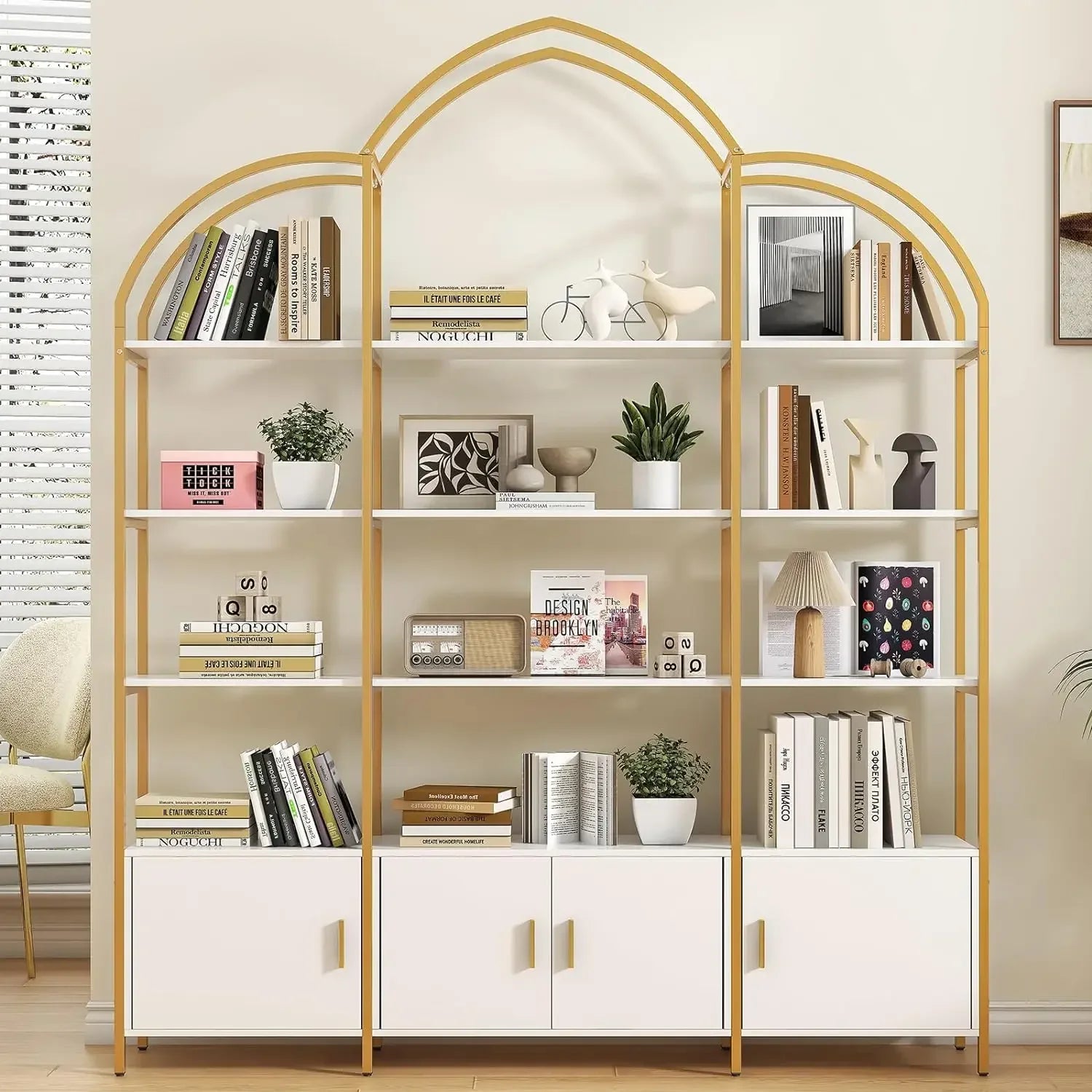 Triple Wide 5-Tier Large Arched Open Bookshelf, Etagere Bookcase with Display Shelf for Home Decor
