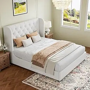 Full Size Bed Frame, Upholstered Bed Frame with Tufted Velvet Headboard and Wide Wingback, Sturdy Wooden Slats Supports