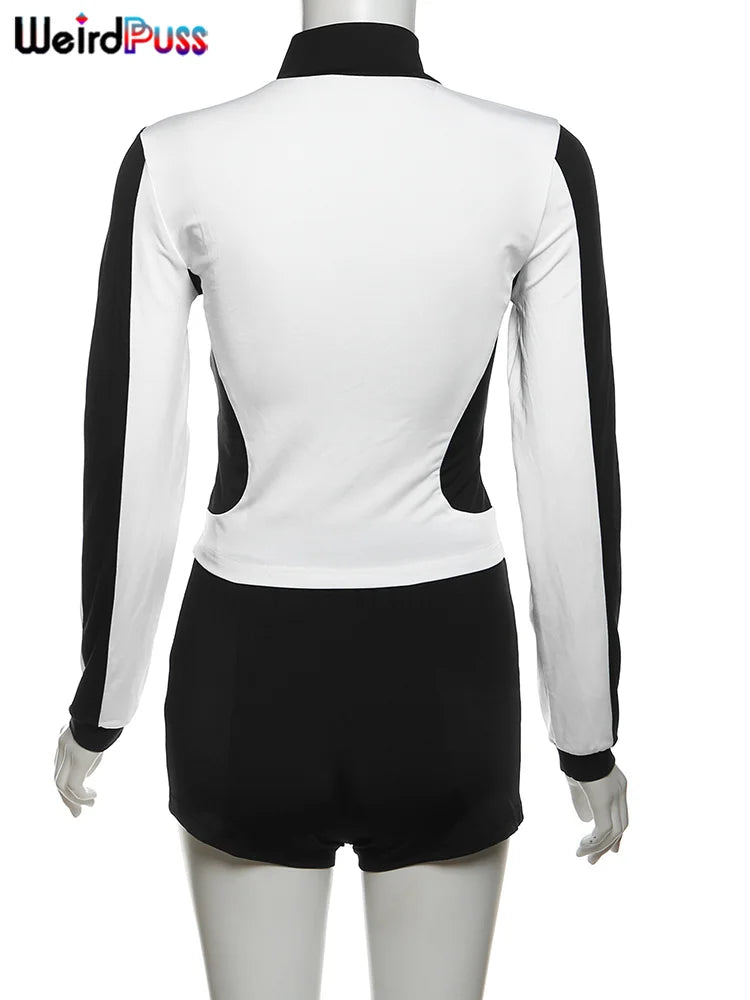 Casual Sporty 2 Piece Set Women Fall Trend Zip Hipster Patchwork Crop Jacket+Shorts Matching Classic Tracksuit Outfits