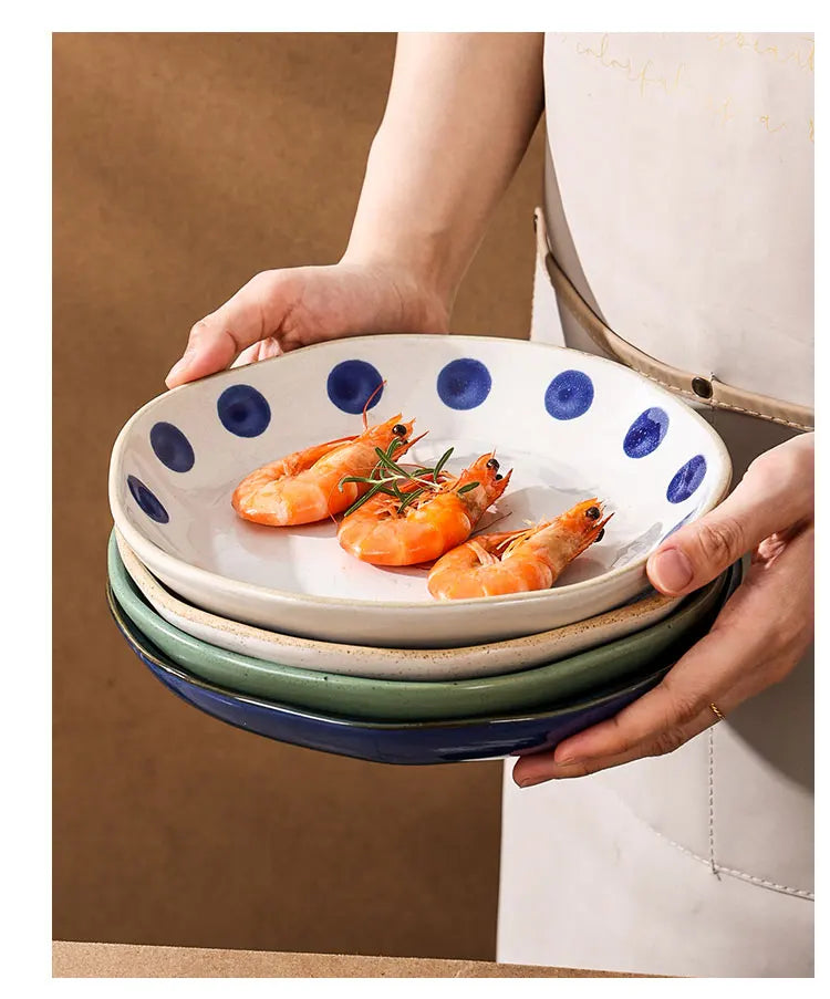 Vintage Hand Painted Dots Daisy Pottery Deep Plates Creative Moon Star Steak Flat Plate Handmade Salad Dinner Dishes