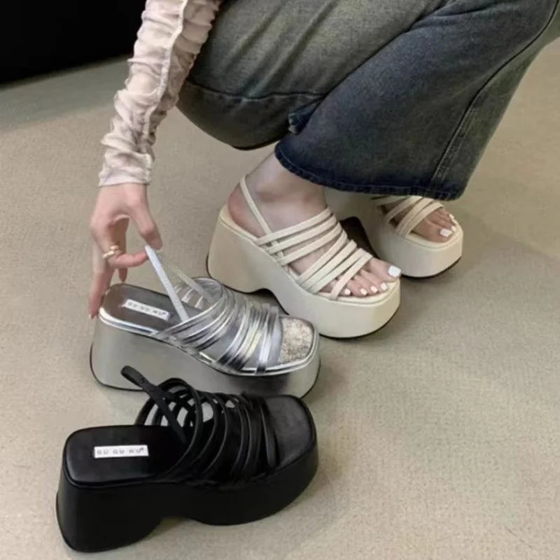 Women's Chunky Heels Fashion High Heeled Slippers Slope Heel