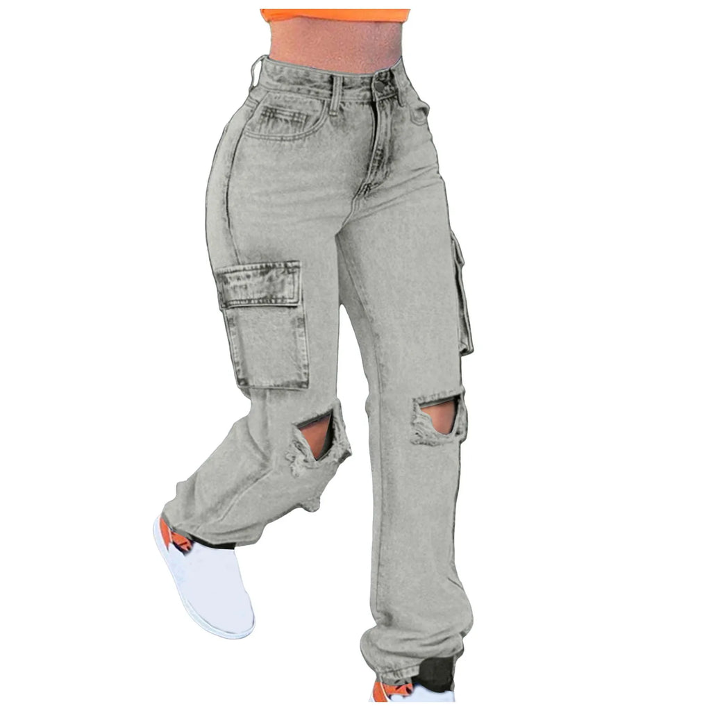Women's Washed Baggy Pocket Cargo Straight Trousers Jeans Ladies Streetwear