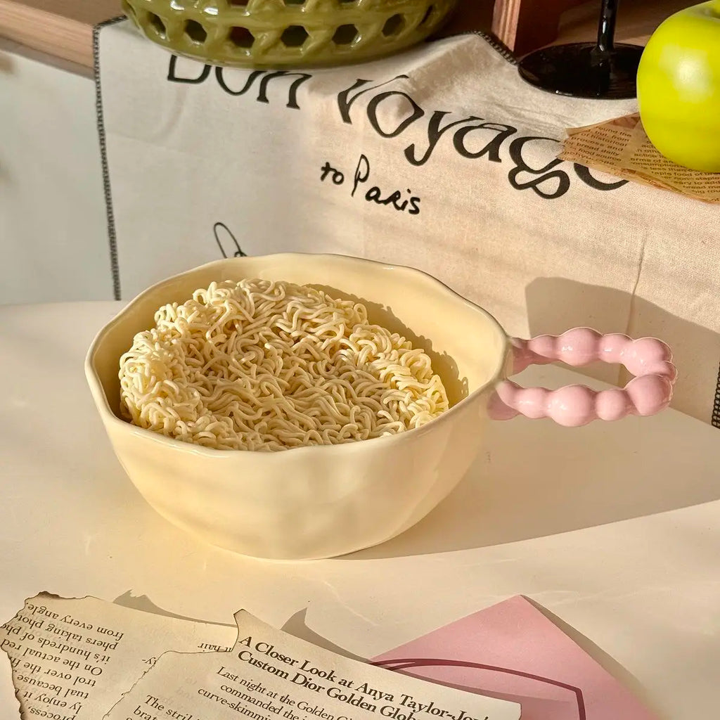 High Beauty Ceramic Instant Noodle Bowl with Pearl Handle Home Irregular Shape Cute Yogurt Bowls Fruit Dessert Tableware