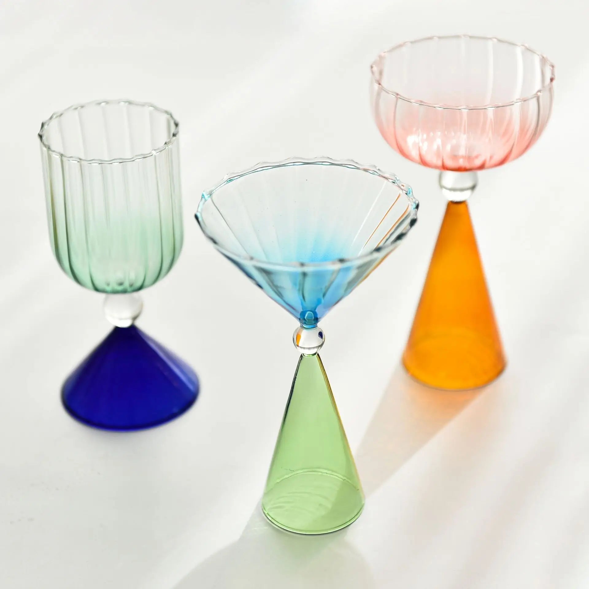 Clear Two Tone Green Blue Amber Purple Colored Ripple Style Martini Mojito Champagne Margarita Cocktail Glasses Goblet Cup
