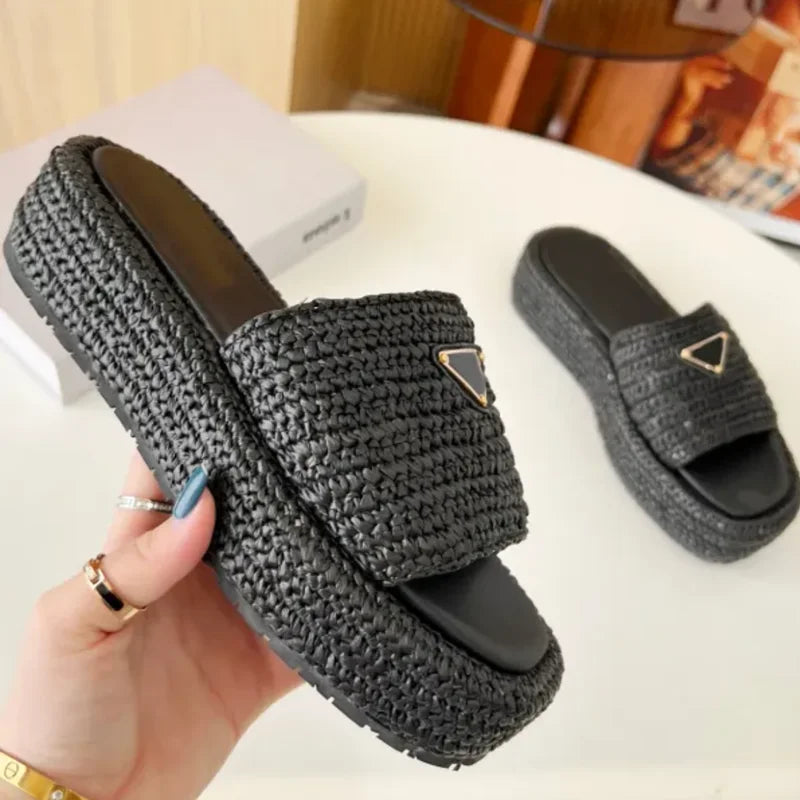 Handmade Knitted Thick Bottom Slippers Women's Casual Fashionable Outerwear Rubber Outsole Summer Best Seller Slippers 34-42