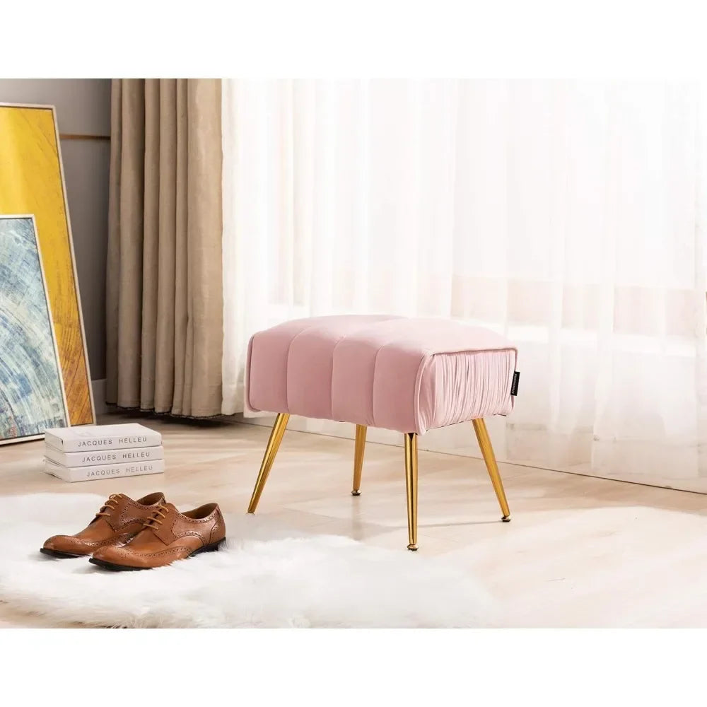 Pink Upholstered Velvet Ottoman with Gold Legs Metal Base for Foot Rest Stool Seat in Living Room Bedroom Hallway Entryway