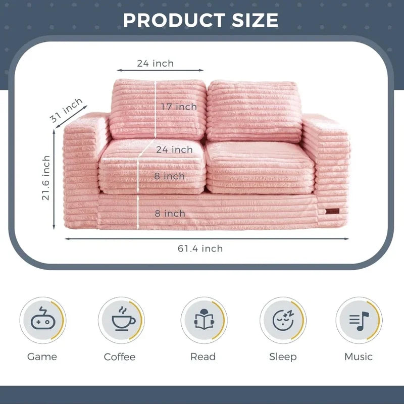 Two-Seat Bean Bag Sofa with Pillows and Armrests, Upholstered Loveseat in Pink, Comfortable Floor Seating