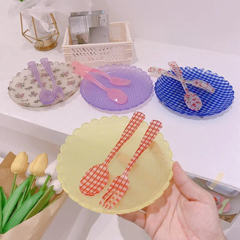 Plastic Dessert Tray Acrylic Cake Dish Grid Pattern Spork Floral Plates with Spoon & Fork