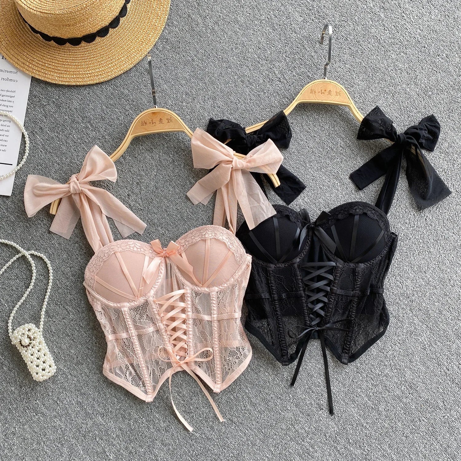 Spaghetti Strap Tank Top for Women Strapless Build in Bra Lace Patchwrok Tulle Bow Camis Summer Casual Female Camisoles