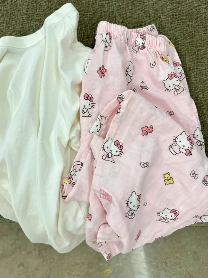 Sanrio Hello Kitty Pure Cotton Pajama Pants Wide Kawaii Kitty Leg Pants Girls Summer Thin High Waist Casual Trousers