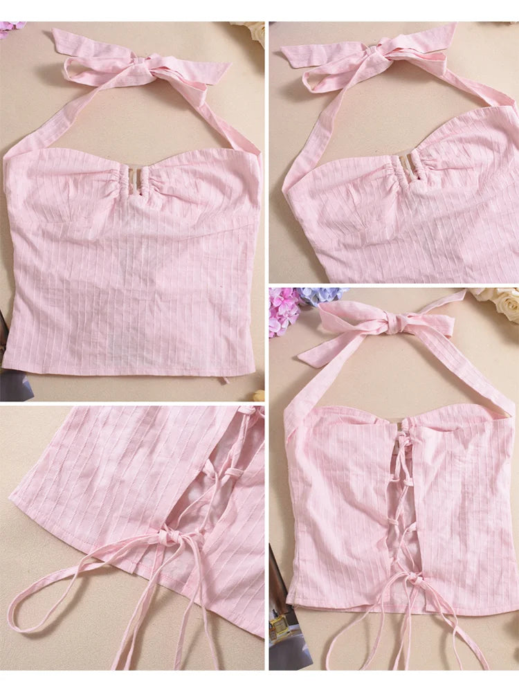 Stripe Crop Backless Halter Lace-Up Tank Top Woven Solid Color Chic Summer Sleeveless Slim Blouse Vest