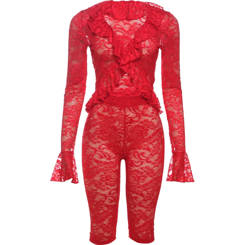 Jacquard Sexy Women 2 Piece Set Coquette Full Sleeve Ruffles Crop Tops+Bike Shorts Outfit