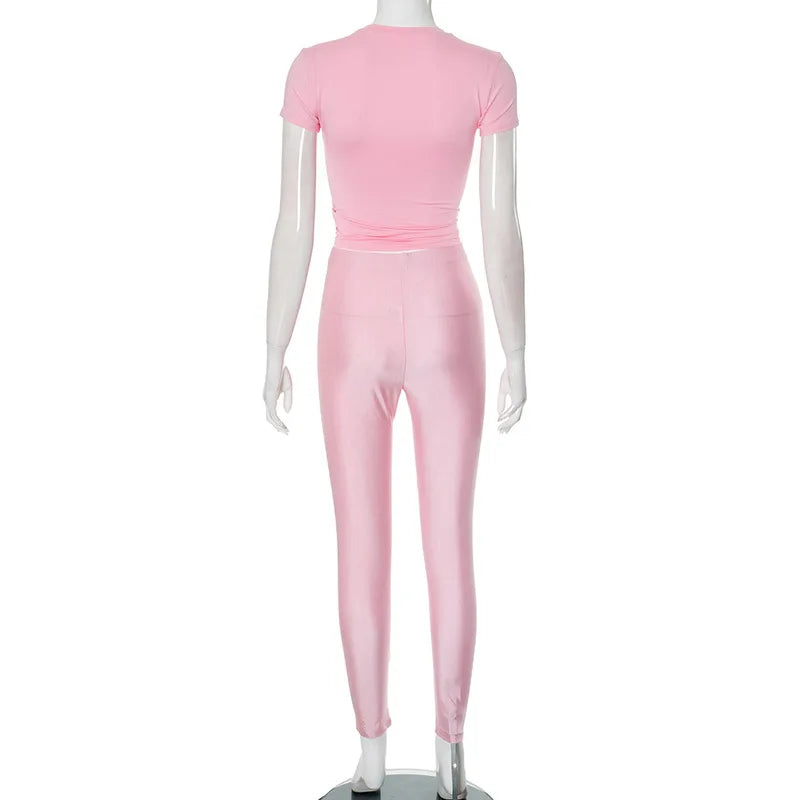 Casual Women 2 Piece Set Tracksuit Shorts Sleeve Crop Tops+Silky Leggings Matching