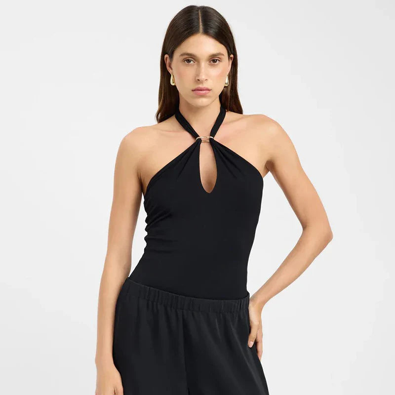 Women'S Solid Color Hanging Neck Tie Hollow Out Metal Ring Strapless Backless Tank Top Summer New Fashion Street Tank