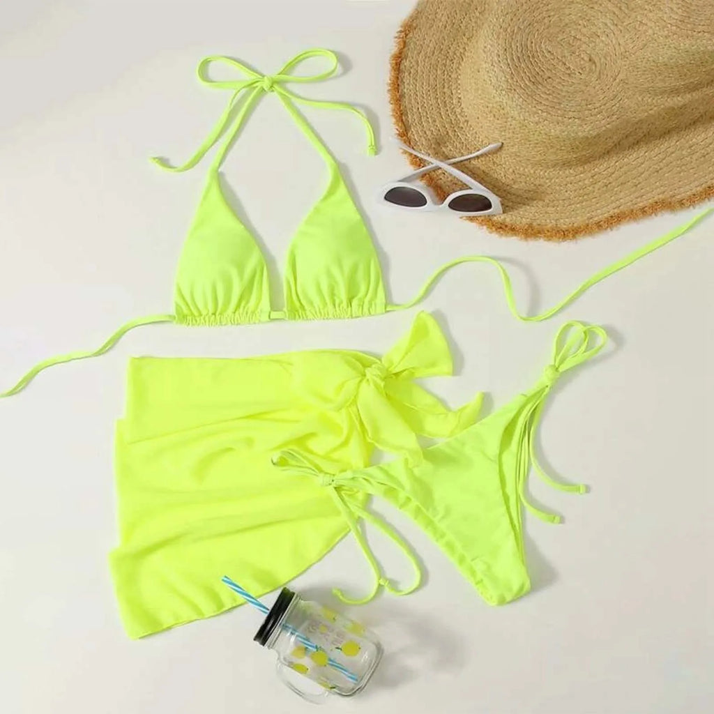 Women Push Up Bikinis Set 3 Piece Mesh Skirts Kontted Bathing Suit Beachwear