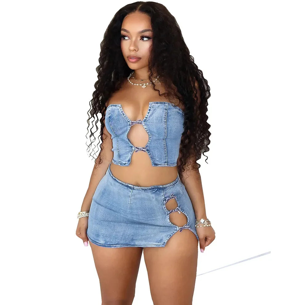 Women Set Sleeveless Denim Strapless Tops and Mini Skirt Suits Sexy Hollow Out Two 2 Piece Set Outfits