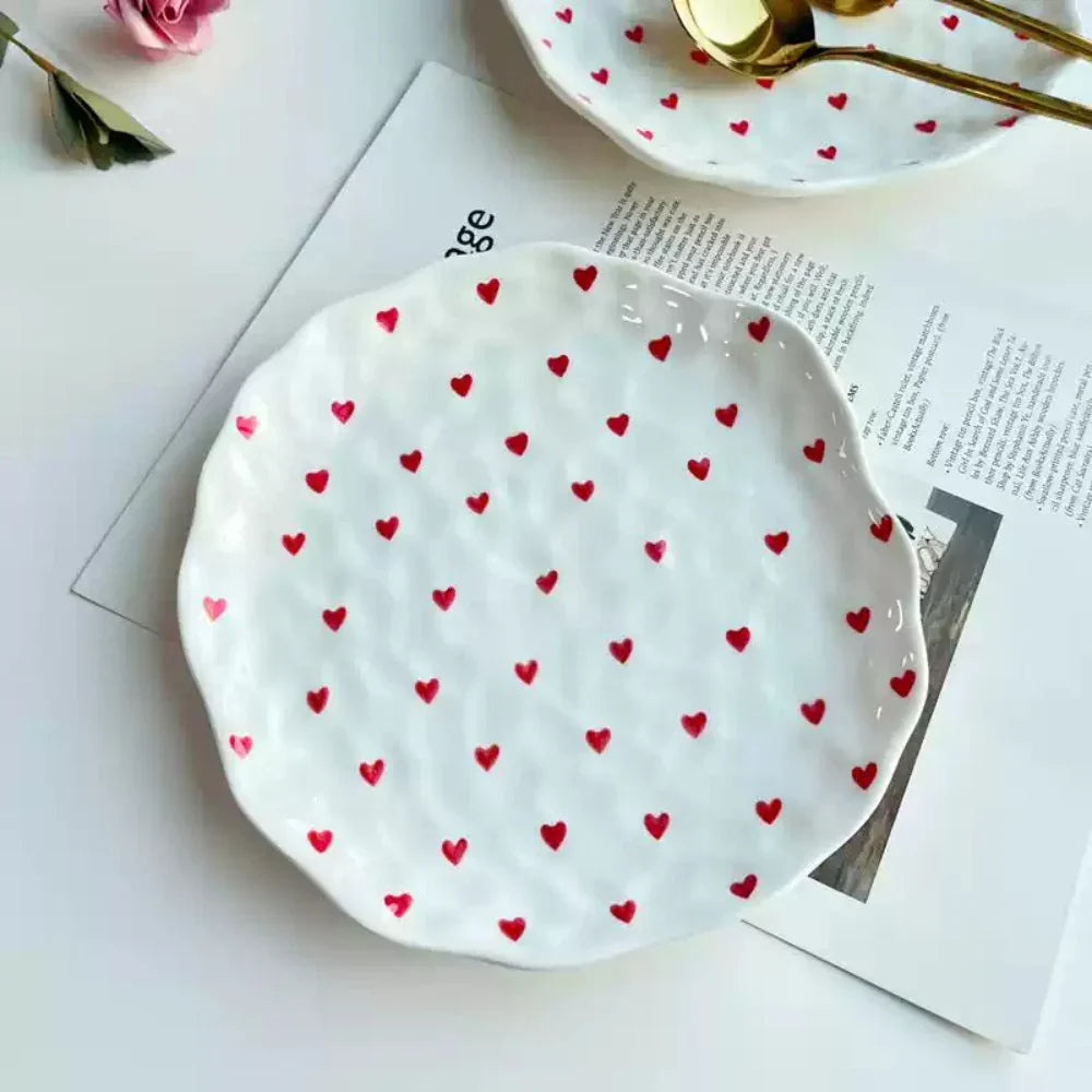 Red Hearts Ceramic Hand-Made Irregular Shaped Porcelain Plates