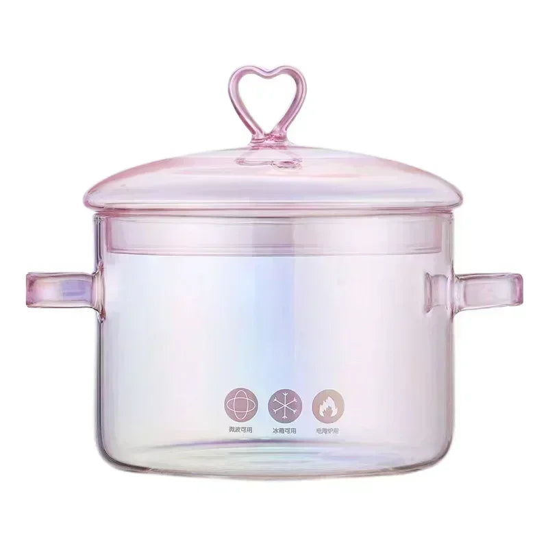 Pink Transparent Glass Pot for Cooking Heat-resistant Binaural Handle / Soup Bowl Kitchen Stock Pot