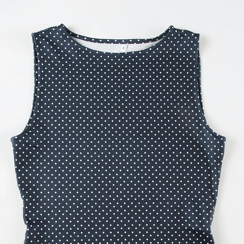 Sleeveless Short Dot Print Women Dresses Slim Fit Elegant Simple Office Lady Trendy Clothes