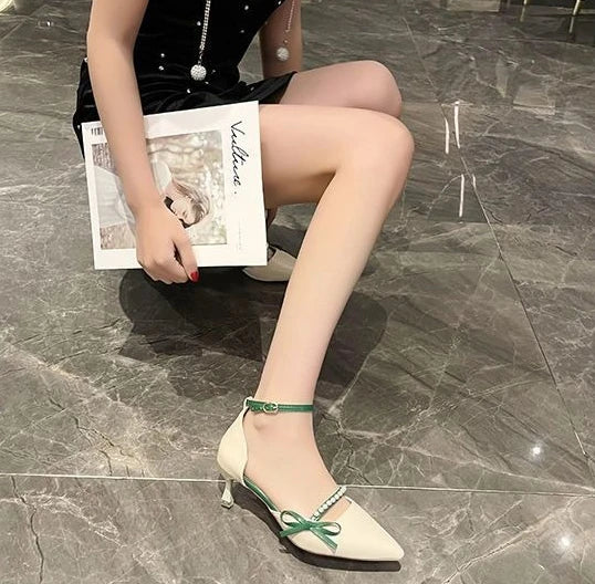 Women Pearl Pumps Heeled Pointed Toe with Side Bowknot
