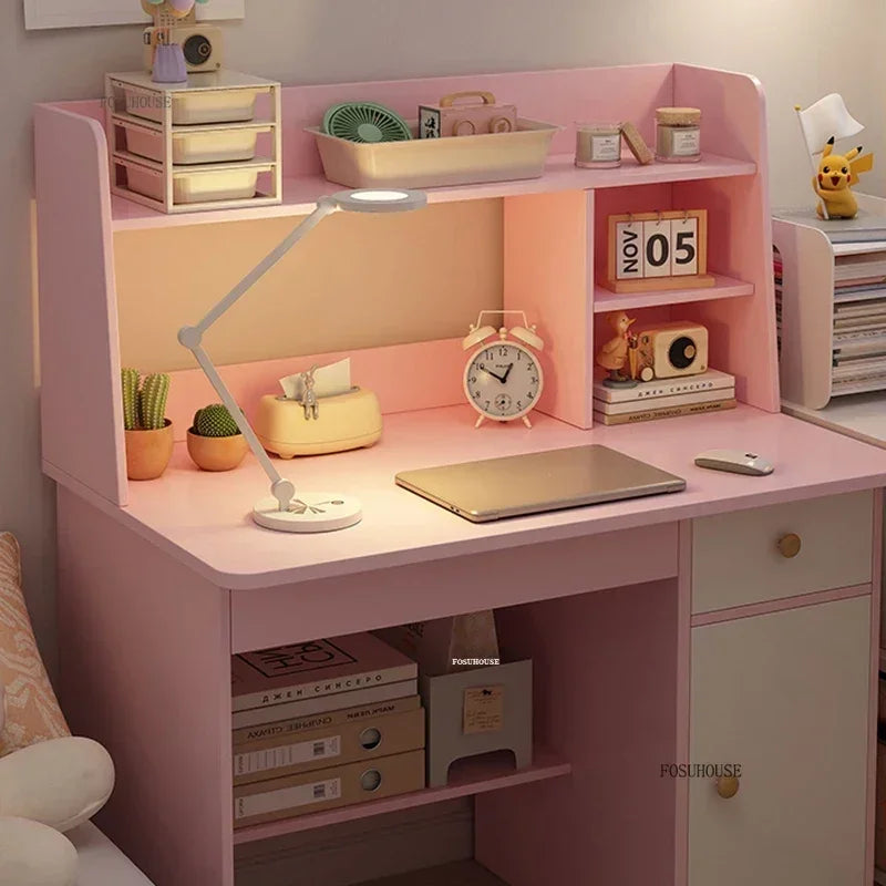 Girl Pink Bookshelf and Bookcase Integrated Study Desk with Storage Gaming Table Modern Office Furniture