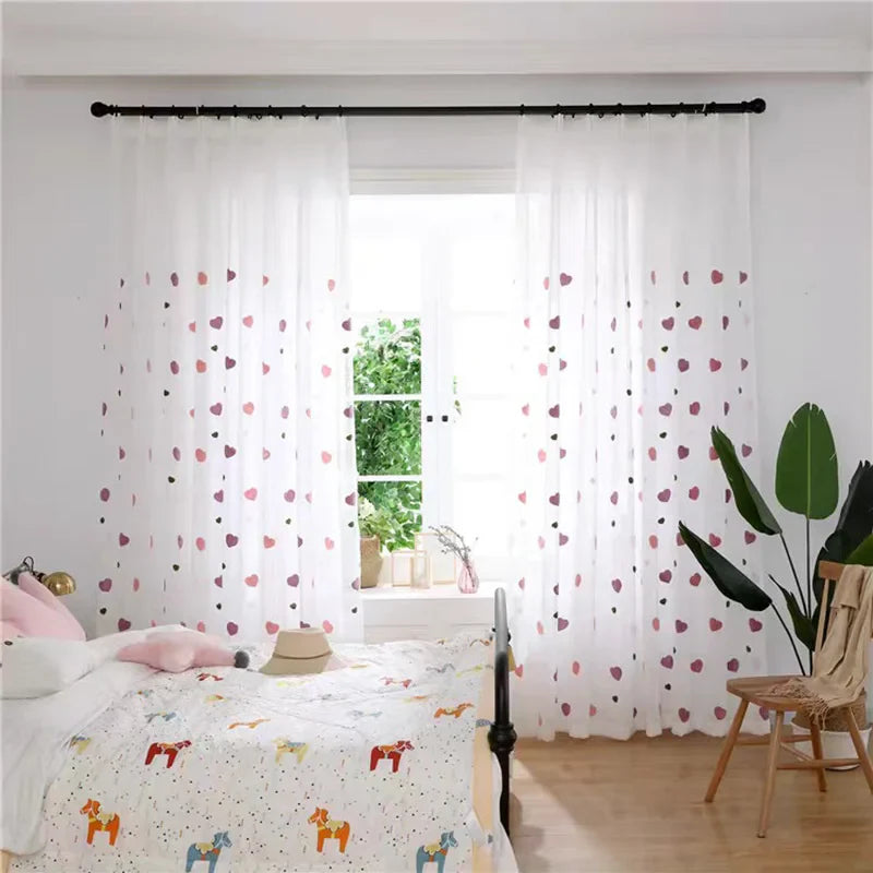 Lovely Cartoon 3D Pink Heart Embroidery Tulle For Girl Bedroom Cute Lovely Sheer Curtains Drapes