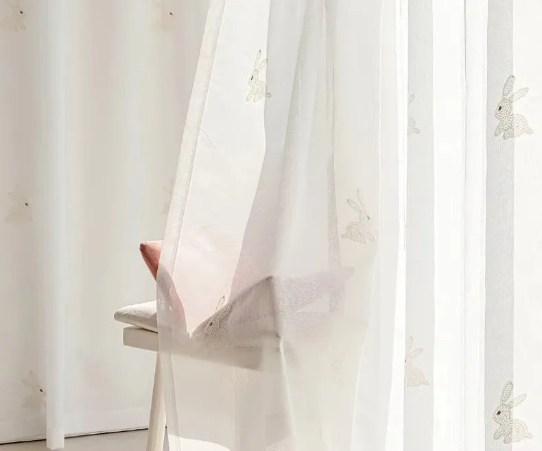 Pink Cartoon 3D Embroidered Rabbit Blackout Curtains for Living Room Bedroom Girls Room Sticky Chenille Drapes Home Decor