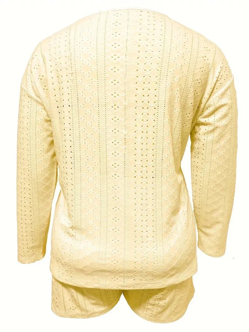 Plus Size Eyelet Casual Shorts Set, Crew Neck Long Sleeve Top & Shorts Outfits, Women's Plus Size Clothing