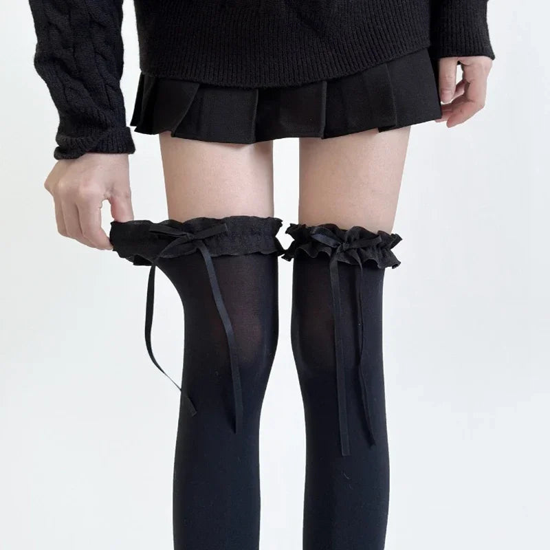 Women Lace Black White Ruffle Long Socks Women Girls Sweet Stockings Lolita Nylon Lace Leggings Over The Knee Bowknot Hosiery