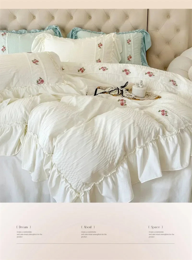 French Embroidered Lace Bubble Gauze Bedding Set Elegant Princess Style Duvet Cover Set Ruffled Comforter Cover Sets