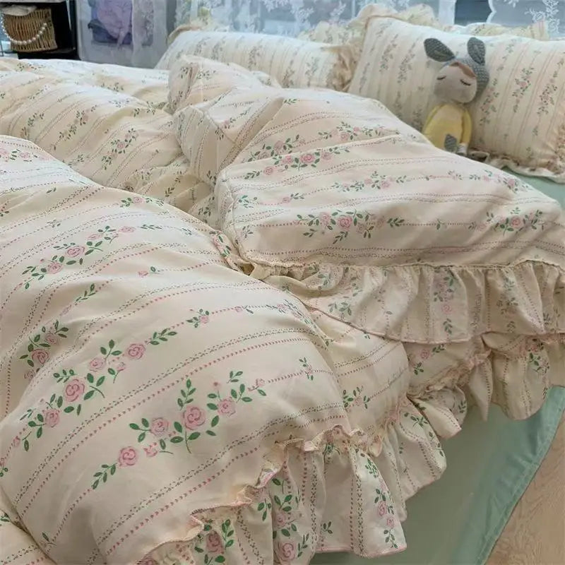 Princess Floral Bedding Set Washed Cotton Vintage French Flowers Lace ruffles Duvet Cover Set Pillowcase