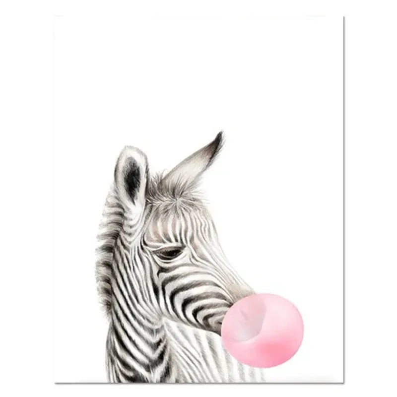 Kawaii Pink Bubble Gum Wall Art Canvas Painting Giraffe Poster Nursery Print Nordic  Animal Kids Pictures Baby Room Decor Tiger