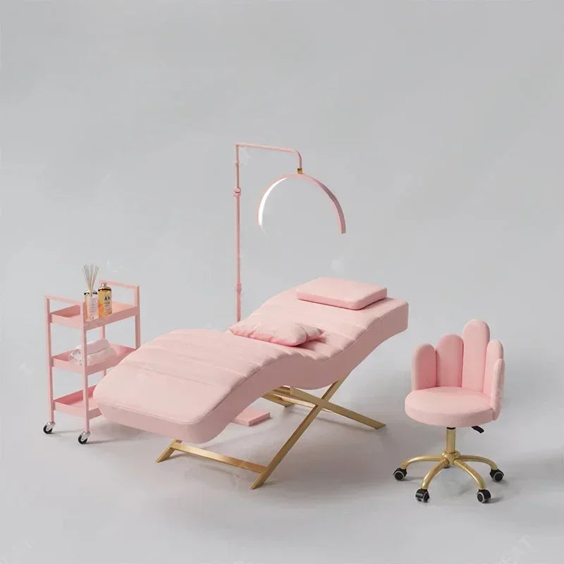 Luxury Salon Equipment Furniture Pink Gold Massage Table Set Modern Lay Down Eyelash Facial Bed